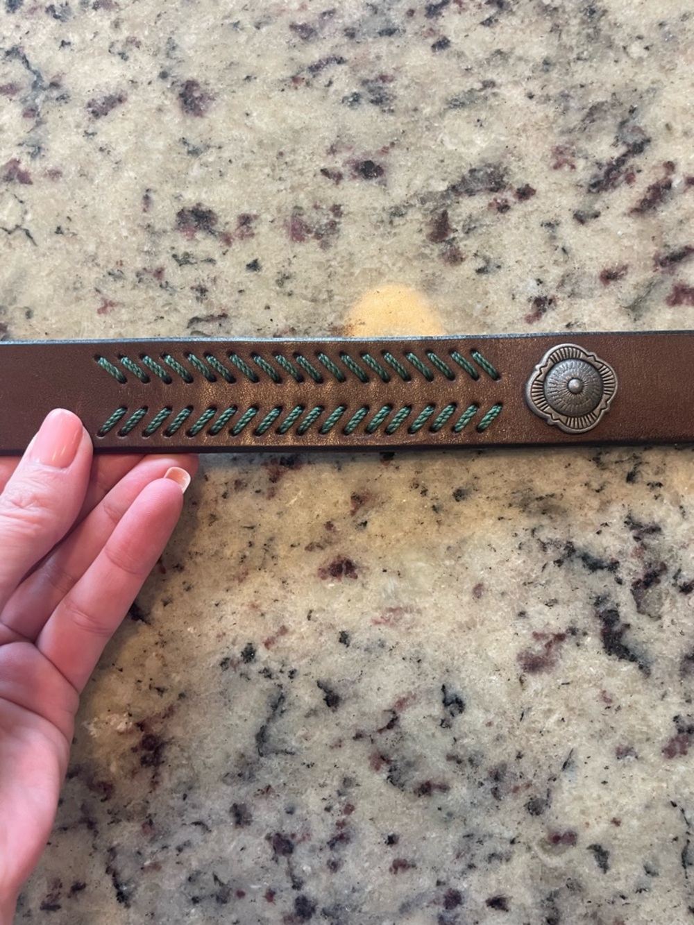 Brown Leather Belt with Green/blue Stitching and Decorative Conchos 32 - Picture 6 of 9